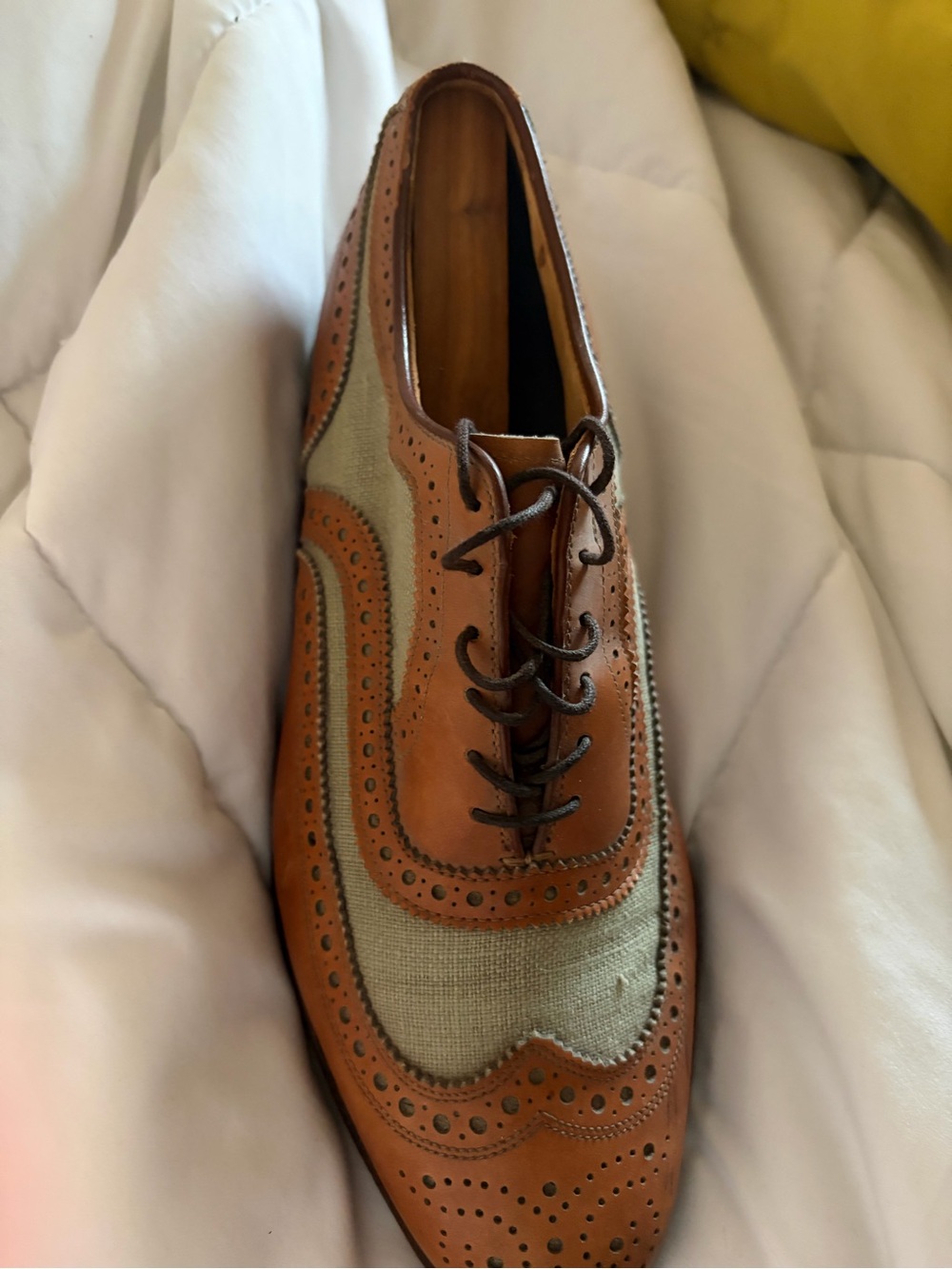 Allen Edmonds Brown Leather and Beige Fabric Wingtip Oxford